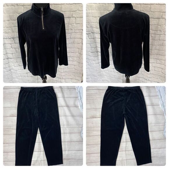 Liz Claiborne women L velour quarter zip pullover & pants w/elastic waist black - Picture 1 of 13
